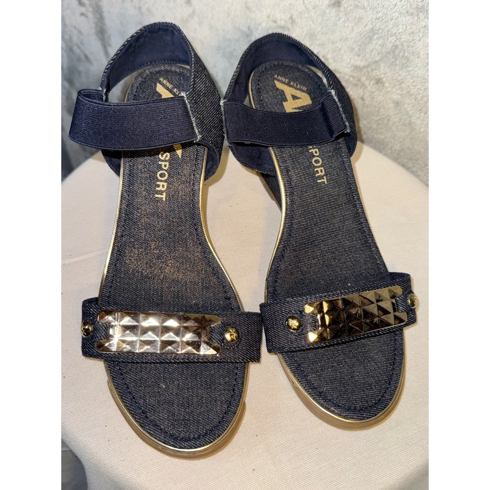 AK sport Latasha sz 8 Anne Klein Open Toe denim gold trim Wedge Sandal festival